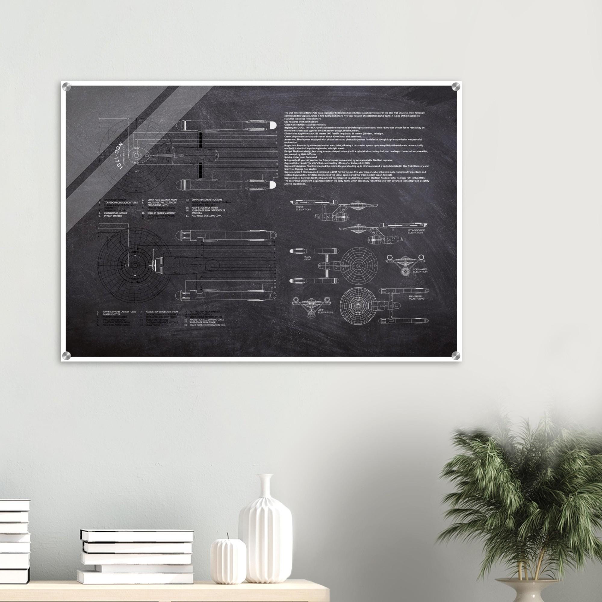 Star Trek NCC 1701 Dorsal & Ventral Schematic Acrylic Print - Sci-Fi Decor