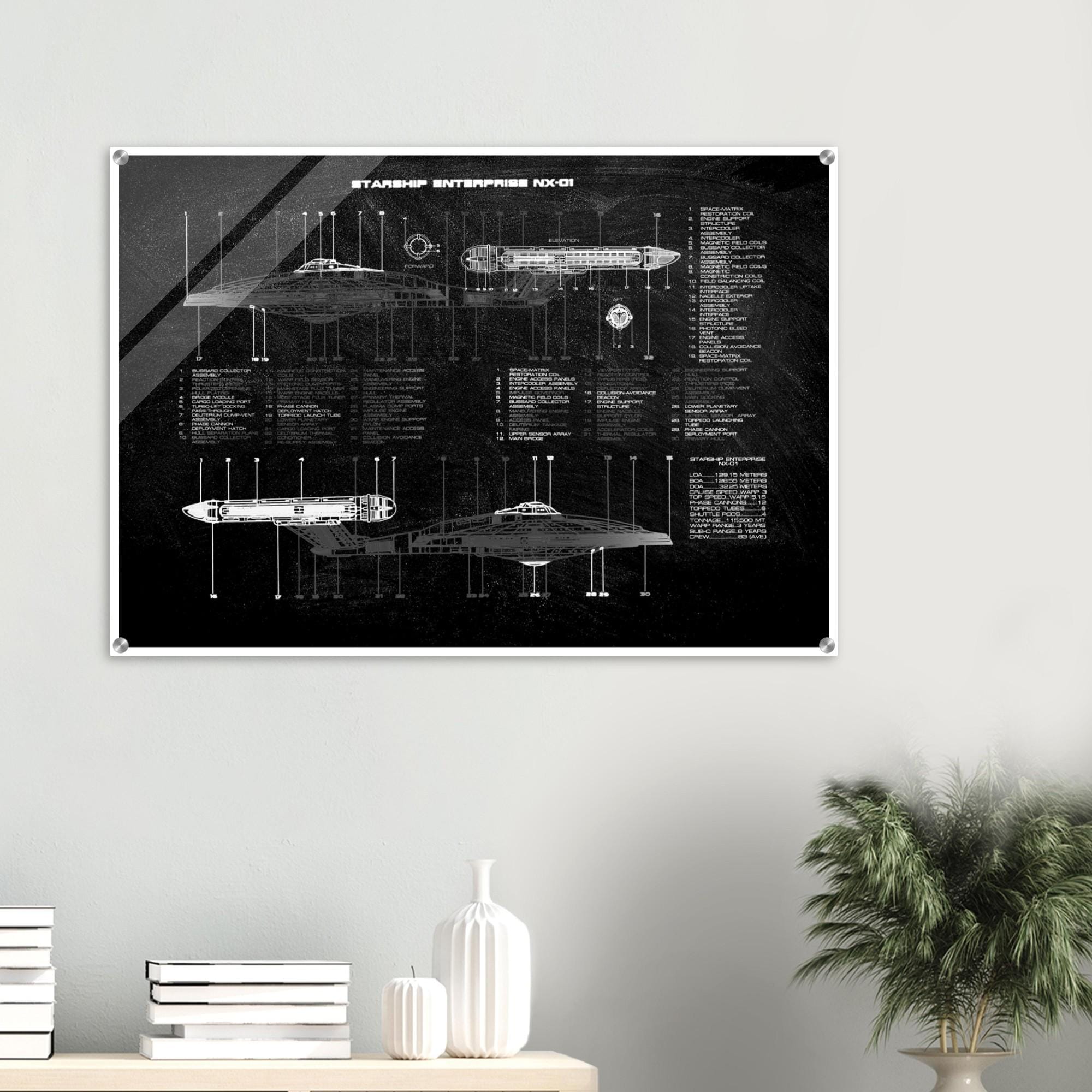 Star Trek NX01 Port & Starboard View Schematic Acrylic Print - Modern Sci-Fi Home Decor