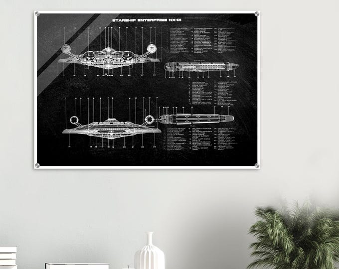 Star Trek NX01 Forward & Aft View Schematic Acrylic Print - Modern Sci-Fi Home Decor