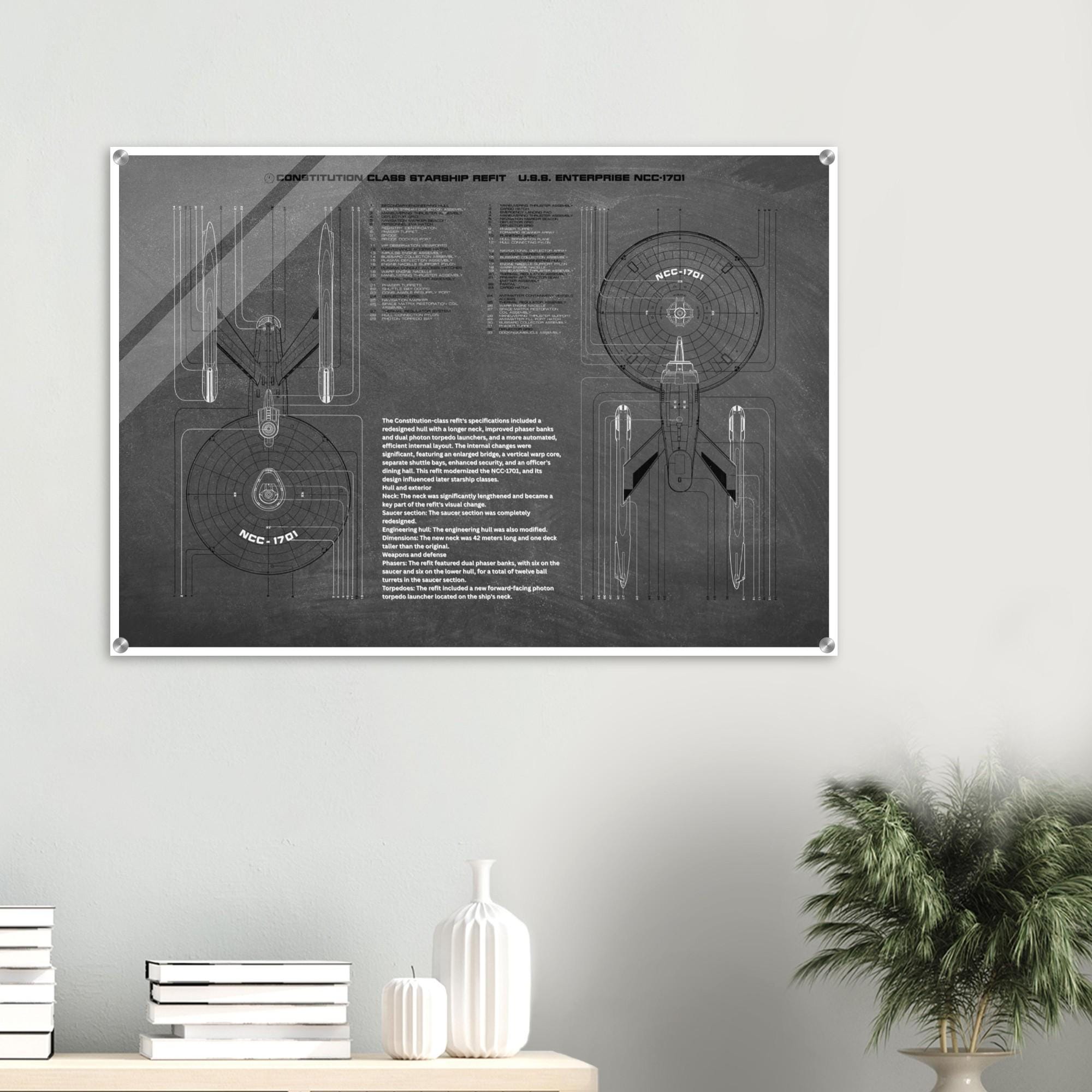 NCC 1701 REFIT Dorsal & Ventral Starship Schematic: Star Trek Acrylic Print