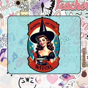 Season of the Witch, Retro Pinup Girl Witch Sticker Decal, Halloween, Vintage, 3 Size Options