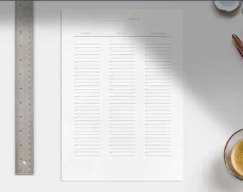 May include: A blank white printable daily planner for the year 2022. The planner is divided into three columns for Monday, Tuesday, and Wednesday. Each column has 30 lines for writing.