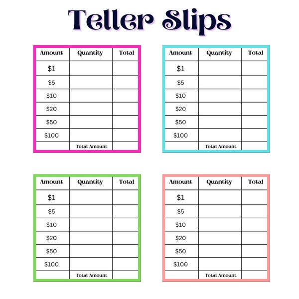 Teller Slip , Cash Withdrawal, Cash Breakdown, Budget System, multi color