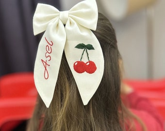 Baby Mädchen Haarschleife Gestickte Kirsche personalisiert
