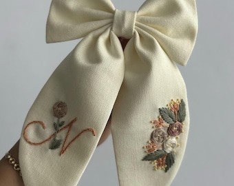 Custom Initial Linen Hair Bow: Hand Embroidered Floral Hair Clip