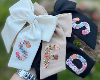Personalized Floral Initial Hand Embroidered Linen Hair Bow Clip, Custom Letter Accessory Women Girls