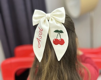 Personalized Custom Name Hair Bow Cherry Pattern Hand Embroidered Bow Mrs Hair Clip Birthday Bridesmaid Gift Bow For Girl Kids Baby Hair Bow