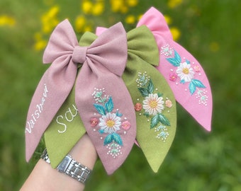 Custom Named and Flowery Hand Embroidered Hair Bow Bows For Girls Kids Hair Bows Baby Hair Bows Clips For Toddlers Bow Gift Hair Bows