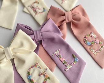 Personalized Initial Linen Hair Bow: Hand Embroidered Letter, Custom Kids Hair Clip