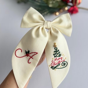 Personalized Linen Hair Bow – Embroidered Initial, Christmas Tree Hair Clip