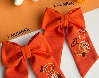 Hand Embroidered Halloween Hair Clip: Witch, Spider Web, Linen Bow