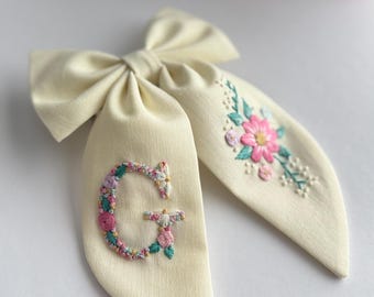 Personalized Initial Hair Bow, Floral Hand Embroidered Linen Clip, Monogram Accessory Women Girls