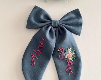 Personalized Floral Flamingo Embroidered Hair Bow - Linen Handmade Hair Clip