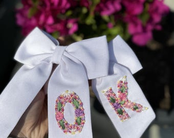 Personalized Initial Hair Bow, Floral Hand Embroidery Linen Clip Women Girls