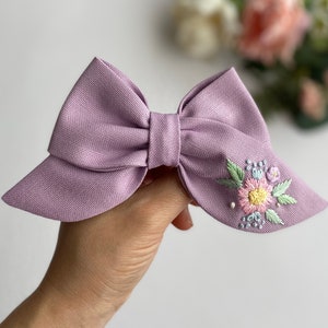 Flowery Hand Embroidered Baby Headband Custom Hair Bows For Girls Children Hair Clips Mrs Hair Clip Organic Cotton Bow Hair Ribbon Gift Bow image 5