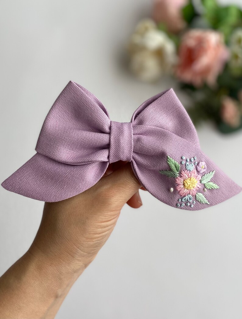 Flowery Hand Embroidered Baby Headband Custom Hair Bows For Girls Children Hair Clips Mrs Hair Clip Organic Cotton Bow Hair Ribbon Gift Bow image 5