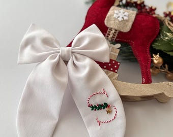 Personalized Christmas Linen Bow Hair Clip, Holiday Initial Embroidery Custom Letter Accessory