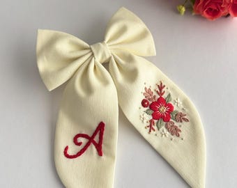 Personalized Initial Hair Bow, Floral Hand Embroidery Linen Clip Women Girls Accessory