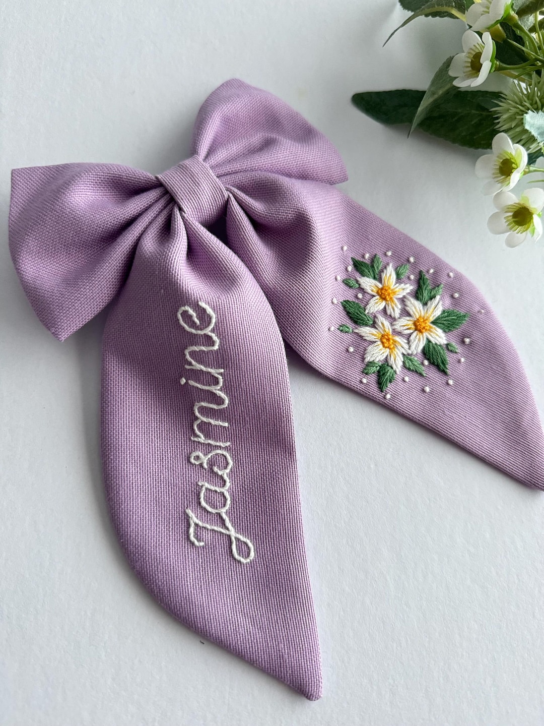Personalized Hand Embroidered Jasmine Flower Bow Hair Clip