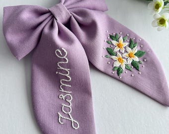 Personalized Hand Embroidered Jasmine Flower Bow Hair Clip – Custom Floral Hair Accessory