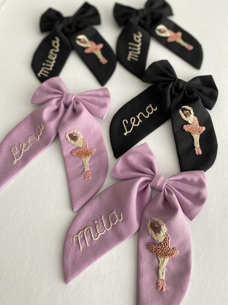 Custom Named and Ballerina Hand Embroidered Hair Bow Stylish Designed Hair Bows suitable for use by Children Girl and Adult Women Gift Clips image 6