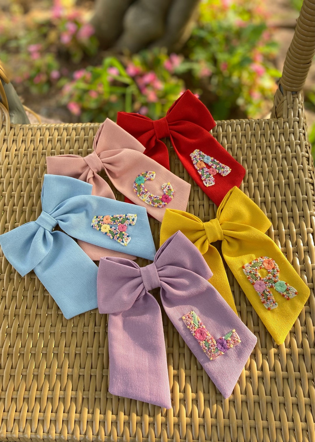 Initial Hand Embroidered Hair Bow Personalized Bow Custom Hair Bows