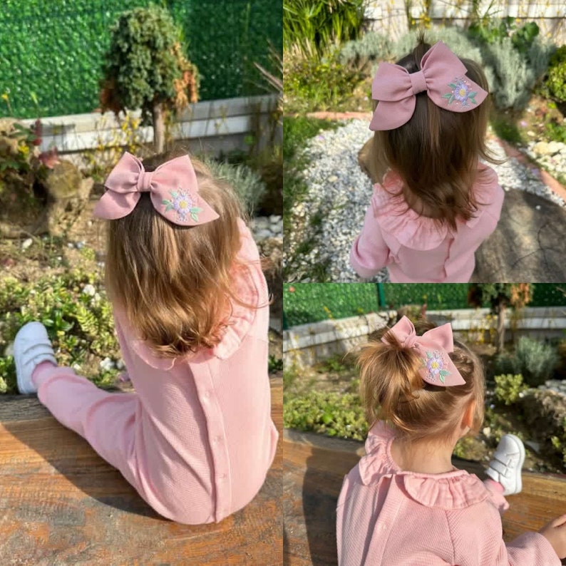 Flowery Hand Embroidered Baby Headband Custom Hair Bows For Girls Children Hair Clips Mrs Hair Clip Organic Cotton Bow Hair Ribbon Gift Bow image 2