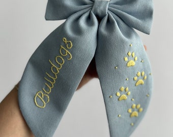 Personalized Embroidered Linen Hair Bow: Custom Name, Dog Paw Clip
