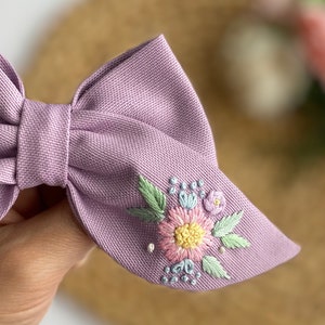 Flowery Hand Embroidered Baby Headband Custom Hair Bows For Girls Children Hair Clips Mrs Hair Clip Organic Cotton Bow Hair Ribbon Gift Bow image 6