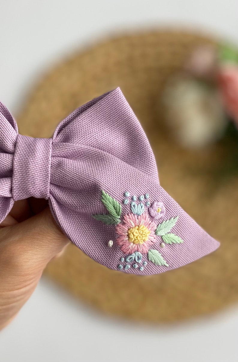 Flowery Hand Embroidered Baby Headband Custom Hair Bows For Girls Children Hair Clips Mrs Hair Clip Organic Cotton Bow Hair Ribbon Gift Bow image 6