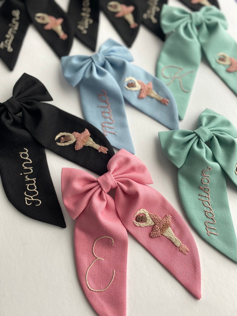 Custom Named and Ballerina Hand Embroidered Hair Bow Stylish Designed Hair Bows suitable for use by Children Girl and Adult Women Gift Clips