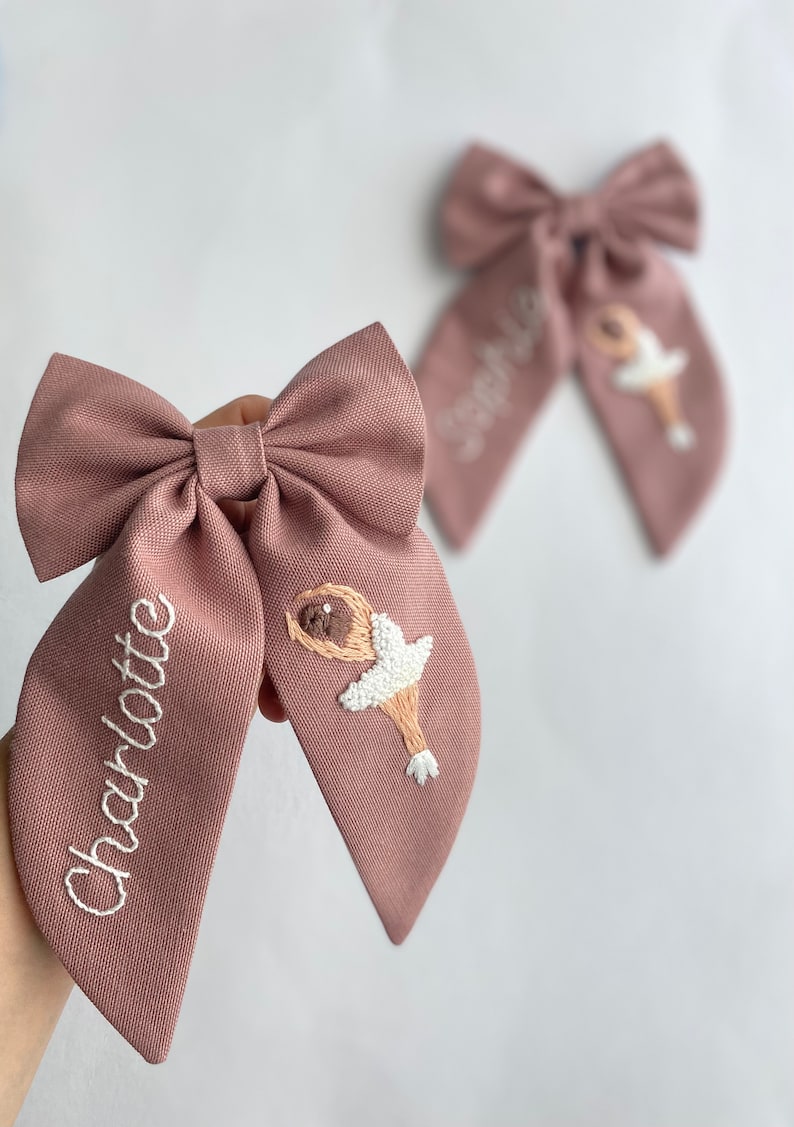 Custom Named and Ballerina Hand Embroidered Hair Bow Stylish Designed Hair Bows suitable for use by Children Girl and Adult Women Gift Clips image 3