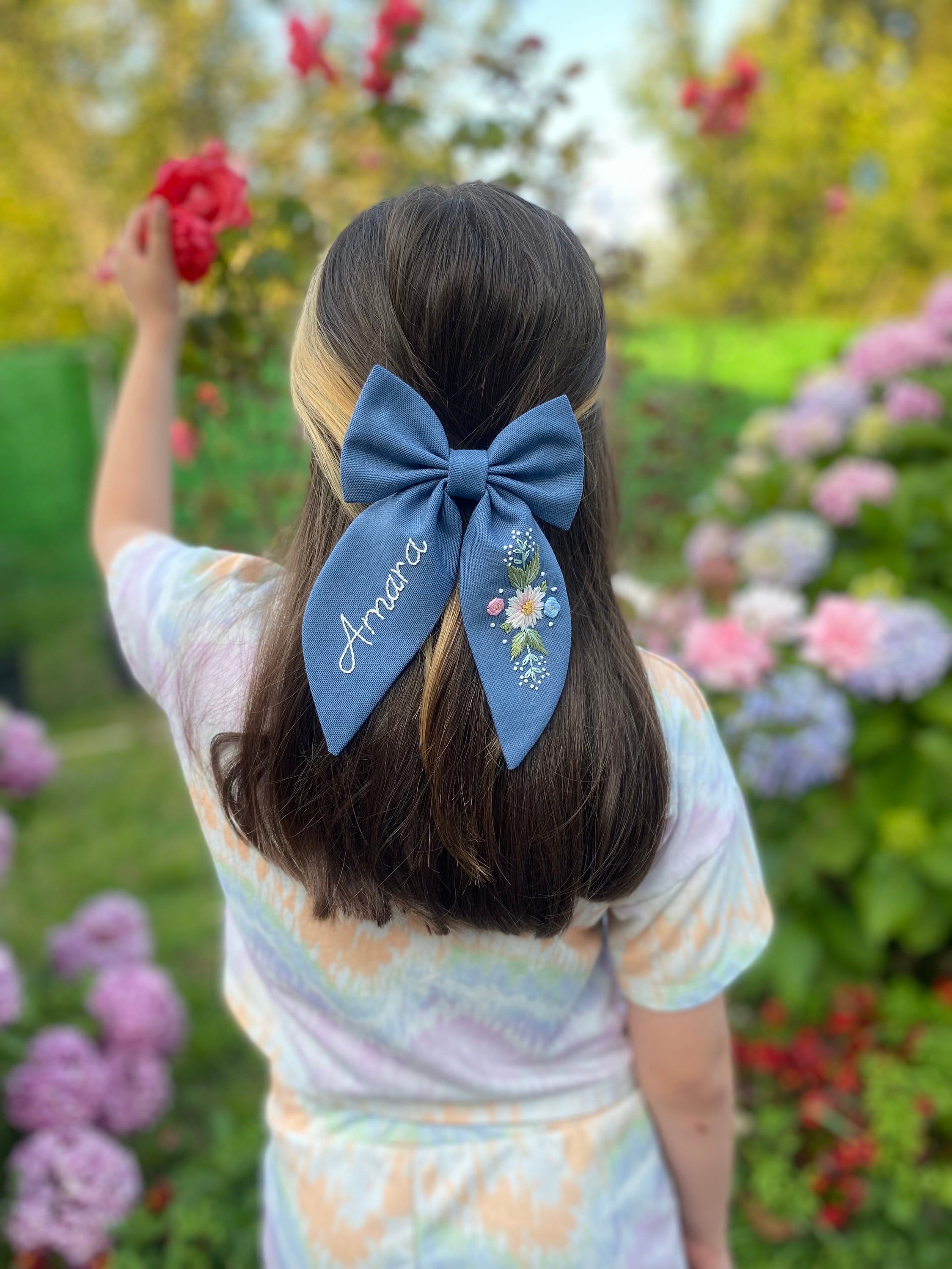 Personalized Linen Bow Hair Clip With Name & Flower  display picture 3