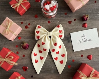 Valentine's Day Custom Heart Embroidered Linen Bow Hair Clip. Women's & Girls' Accessory.