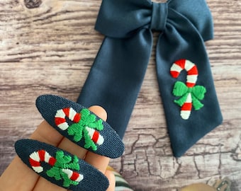 Christmas Candy Initial Hand Embroidered Hair Bows Kids Hair Clips Snap Hair Clips Baby Hair Bow Women Hair Buckles Noel Gift Hair Bows