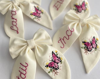 Custom Name Butterfly Embroidered Personalized Hair Bow For Baby Girl Children Mrs Hair Accessories Clips Bridesmaid and Mothers Day Gift