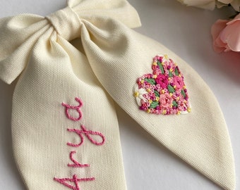 Custom Named and Heart Hand Embroidered Hair Bows For Girls Kids Hair Bows Baby Hair Bows Clips For Toddlers Bow Gift Hair Bows