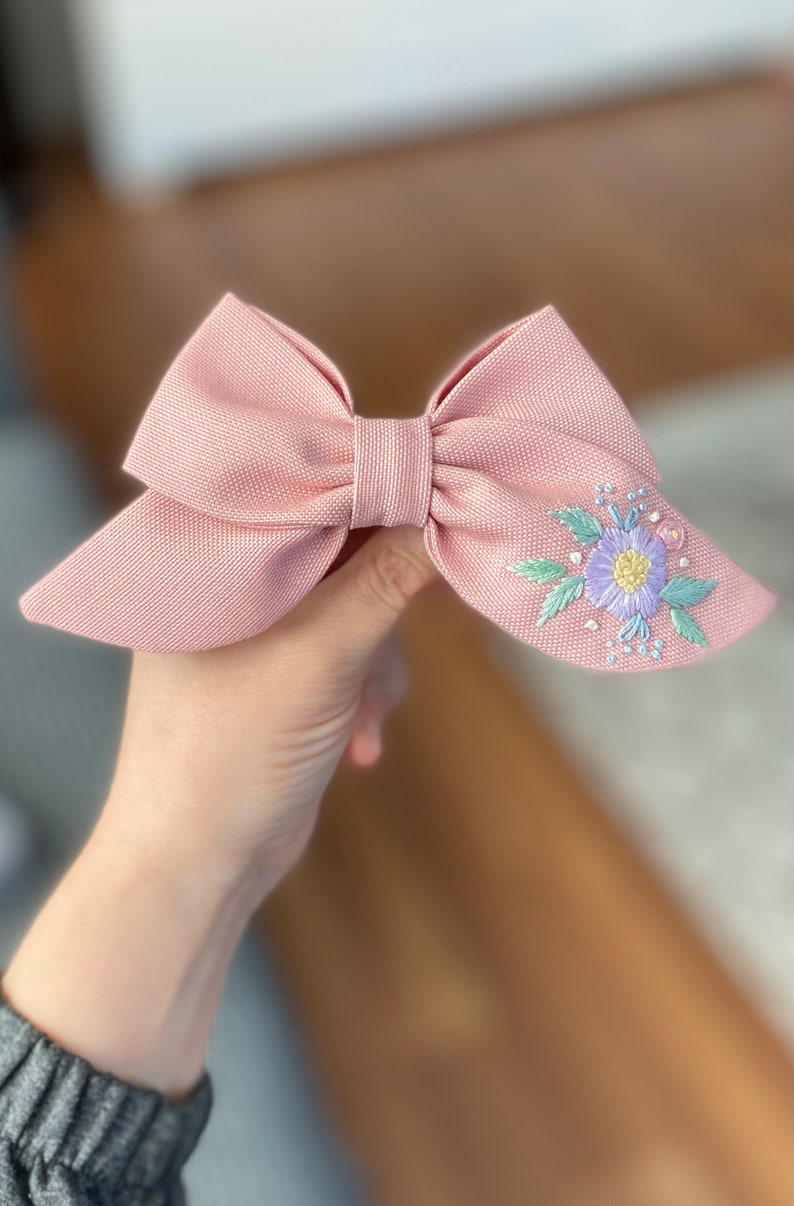 Flowery Hand Embroidered Baby Headband Custom Hair Bows For Girls Children Hair Clips Mrs Hair Clip Organic Cotton Bow Hair Ribbon Gift Bow image 4