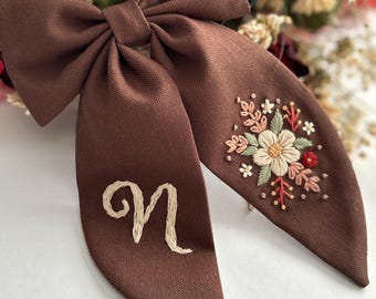 Personalized Embroidered Flower Hair Bow: Linen Initial Clip, Baby Girl Gift