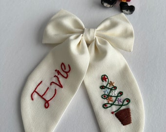 Pine Tree Hand Embroidered Personalized Hair Bow. Name Embroidered Hair Bow,Kids Hair Bow,Baby Hair Clips,Women Hair Buckles,Gift Hair Bows.