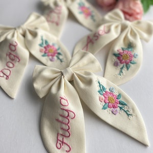 Custom Named and Flowery Hand Embroidered Hair Bow Stylish Designed Hair Bows suitable for use by Children Girls and Adult Women Gift Clips