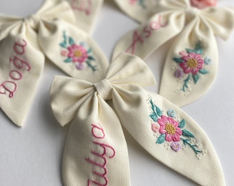 Custom Named and Flowery Hand Embroidered Hair Bow Stylish Designed Hair Bows suitable for use by Children Girls and Adult Women Gift Clips