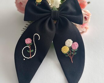 Personalized Hydrangea Initial Embroidered Linen Hair Bow Clip, Custom Floral Letter for Women Girls