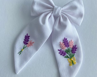 Lavender Flowered Hand Embroidered Hair Bow.Custom Hair Bows,Handmade Hair Bow,Girl Baby Hair Bow,Kids Hair Bows,Gift Clip,For Toddlers Bow