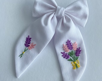 Lavender Flowered Hand Embroidered Hair Bow.Custom Hair Bows,Handmade Hair Bow,Girl Baby Hair Bow,Kids Hair Bows,Gift Clip,For Toddlers Bow