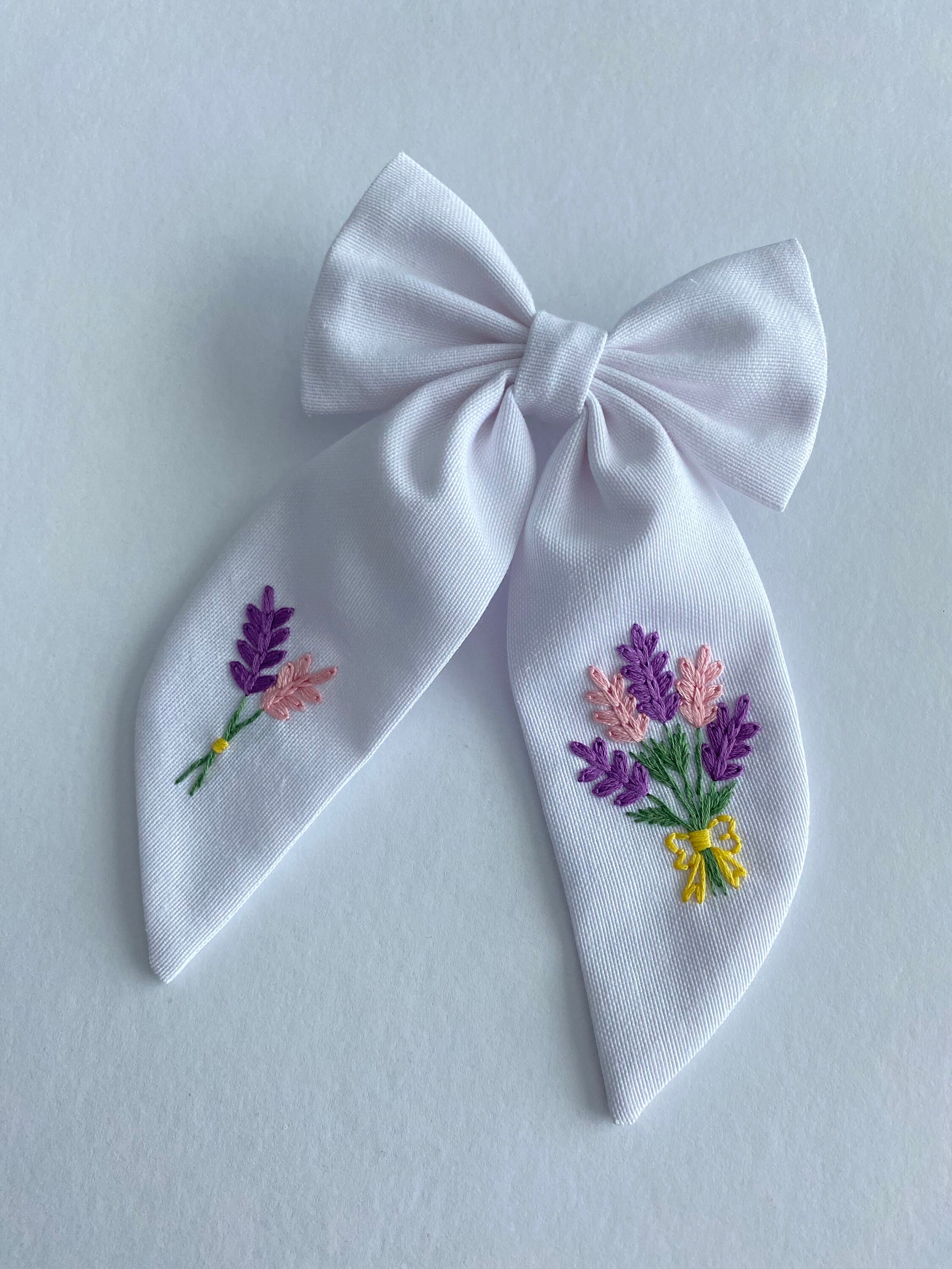 Lavender Flowered Hand Embroidered Hair Bow.Custom Hair Bows,Handmade Hair Bow,Girl Baby Hair Bow,Kids Hair Bows,Gift Clip,For Toddlers Bow