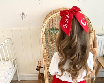 Personalized Name Turkish Flag Star and Crescent Embroidered Bow Hair Clip. For Women Girls.