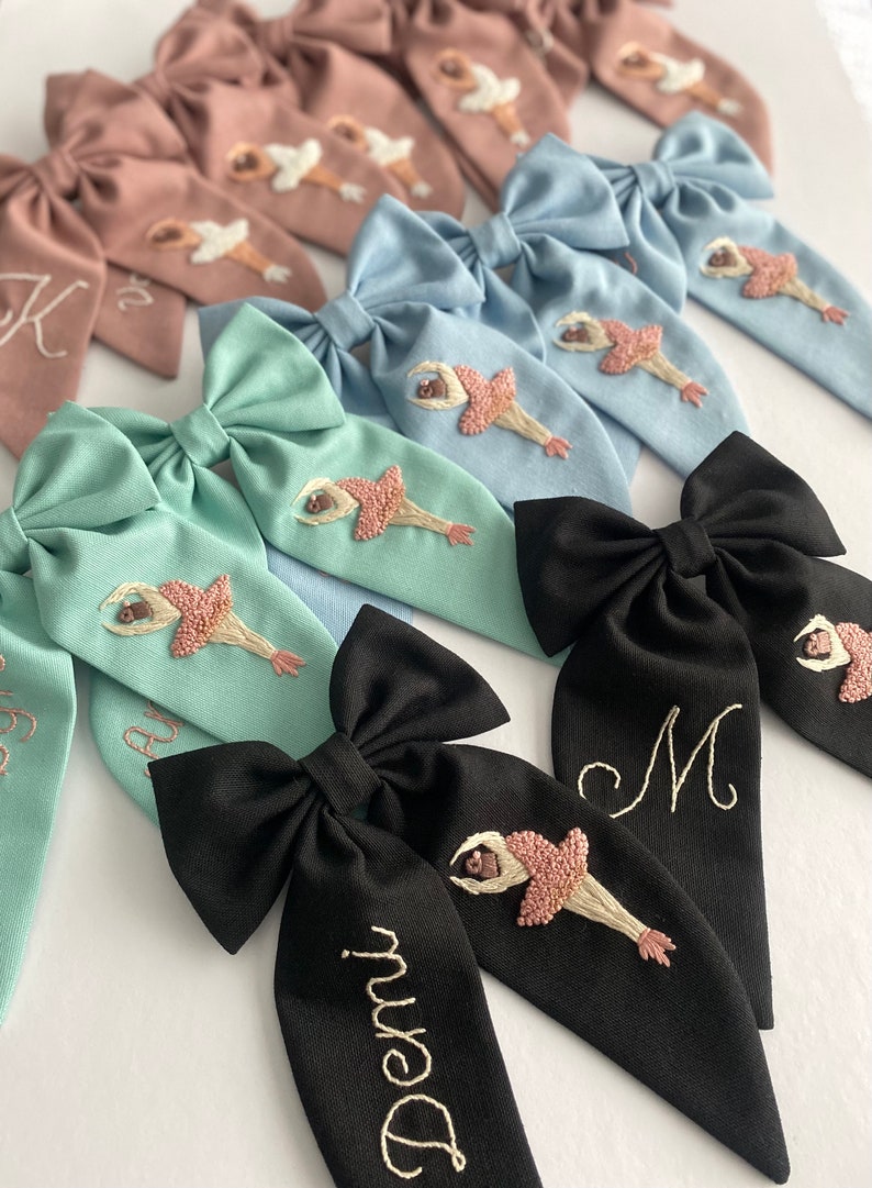 Custom Named and Ballerina Hand Embroidered Hair Bow Stylish Designed Hair Bows suitable for use by Children Girl and Adult Women Gift Clips image 4