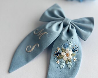 Personalized Initial Hair Bow, Custom Floral Hand Embroidery Hair Accessory Women Girls