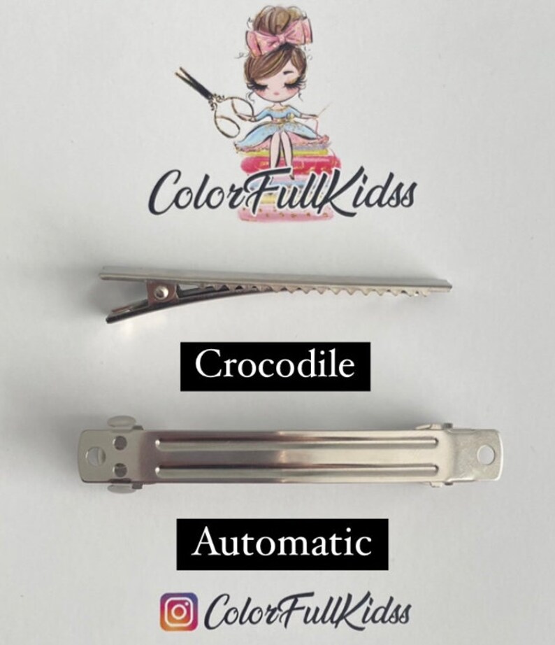 May include: Two silver hair clips. The top clip is a crocodile clip with a serrated edge. The bottom clip is an automatic clip. Both clips are commonly used for hair accessories.
